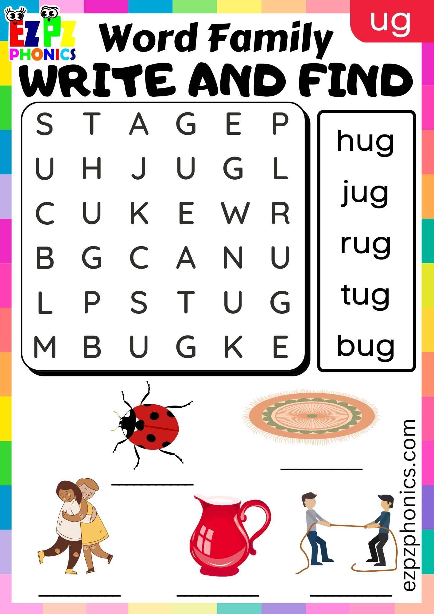 UG Words Write And Find Phonics Word Families Worksheet